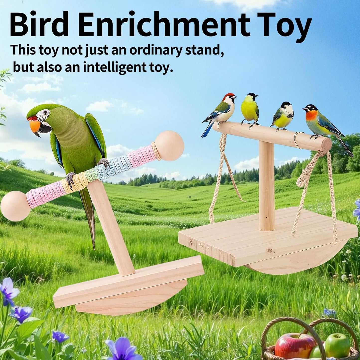 Parakeet Toys, Natural Wood Bird Perch Stand Training, Intelligence Puzzle Enrichment Toys for Parakeets,Wood Stand Toy for for Parakeets Budgies Conures Lovebirds Cockatiels (A, M)