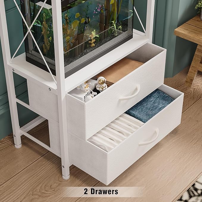 Fish Tank Stand 10 Gallon with 2-Tier Shelf, Aquarium Stand with 2 Drawers, Metal Frame Heavy Duty Reptile/Turtle Tank Stand for Home Office, Fish Tanks Accessories Storage, White