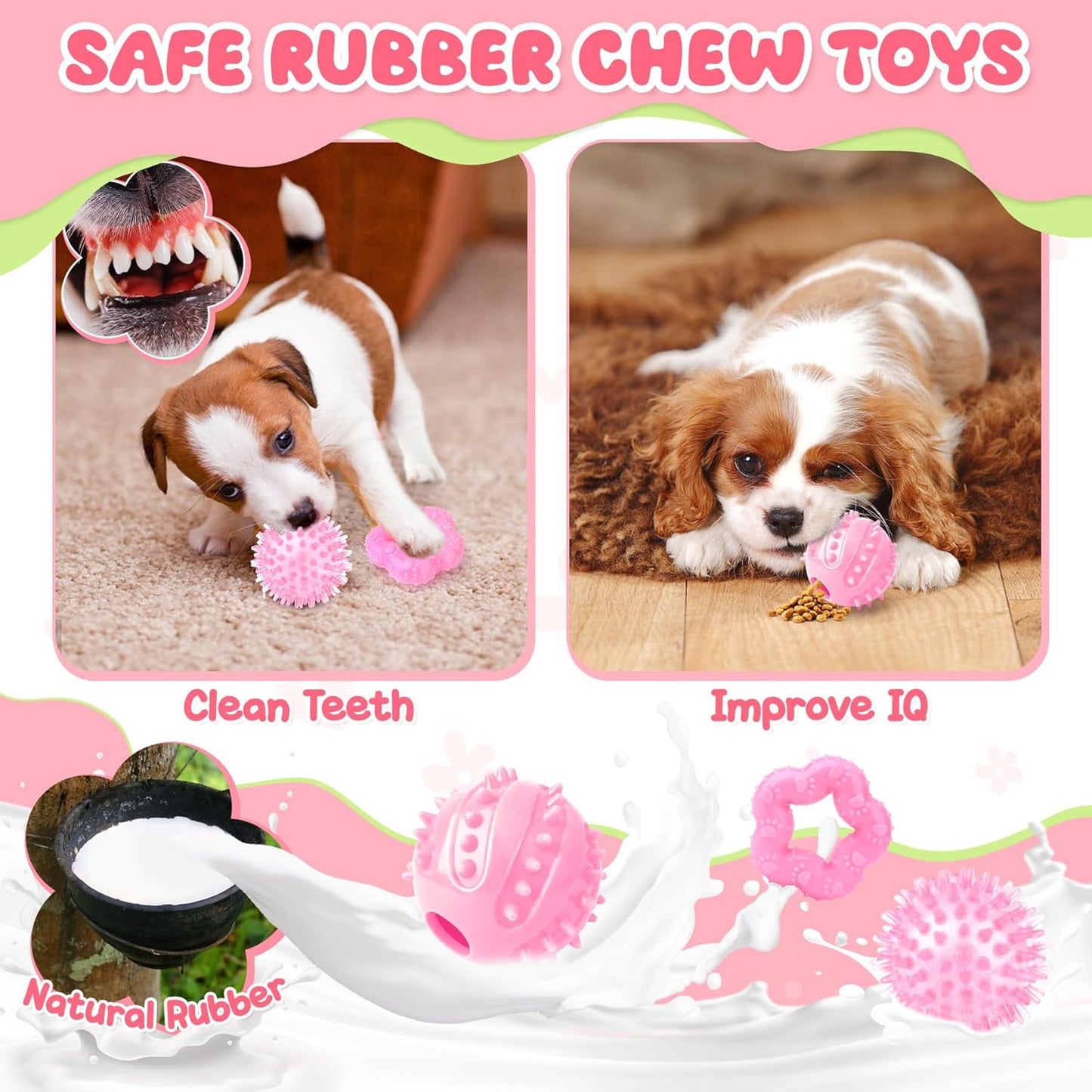 Zeaxuie Pink Puppy Toys for Teething - 9 Pack Small Dog Set With Chew, Squeaky Crinkle, Treat Ball and Interactive Rope for Puppies
