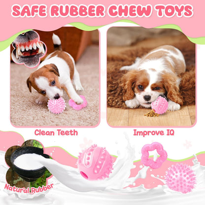 Zeaxuie Pink Puppy Toys for Teething - 9 Pack Small Dog Set With Chew, Squeaky Crinkle, Treat Ball and Interactive Rope for Puppies