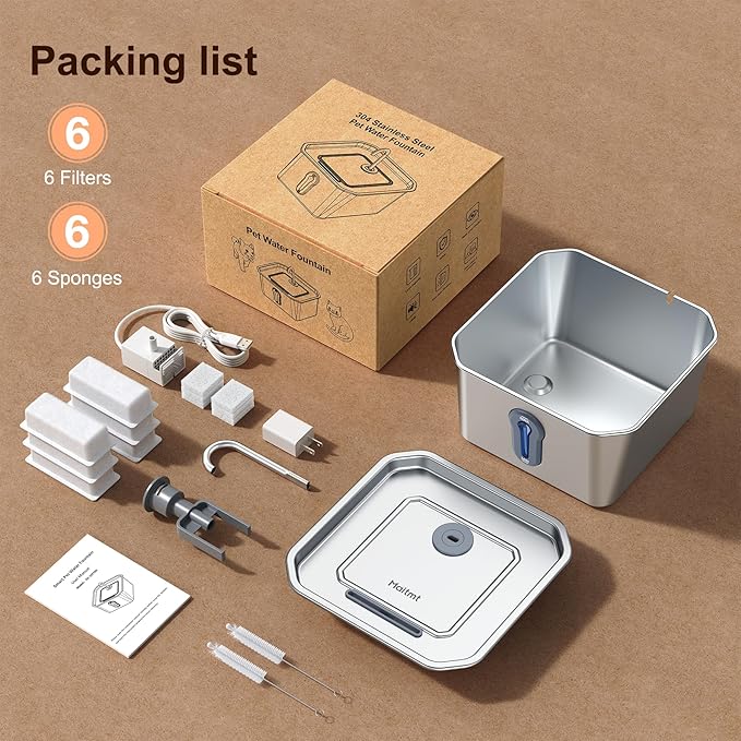 Stainless Steel Cat Water Fountain, 4L/135oz Automatic Circulation pet Water Dispenser, Quiet cat Bowl Water Dispenser, Suitable for Cats, Dogs and Multiple Pets. (Pet Fountain+6 Filters+6 Sponges)