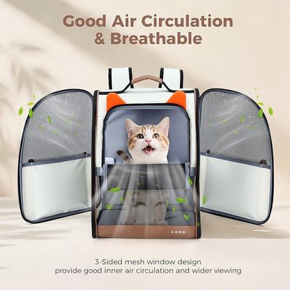 Lekereise Ventilated Cat Backpack Carrier, Pet Carrier Backpack Airline Approved for Small Dogs Medium Cats Fit Up to 18 Lbs, Dogs Foldable Backpack Carrier for Travel, Hiking, Beige-Orange Ears