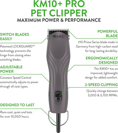Wahl Pro Animal KM10+ Corded Clipper - New #10 Prime Series Blade, LOCKGUARD Patent Pending Technology & Textured Housing Design - Clippers for Cats, Dogs & Horses - Lightweight - 2-Speeds - Purple
