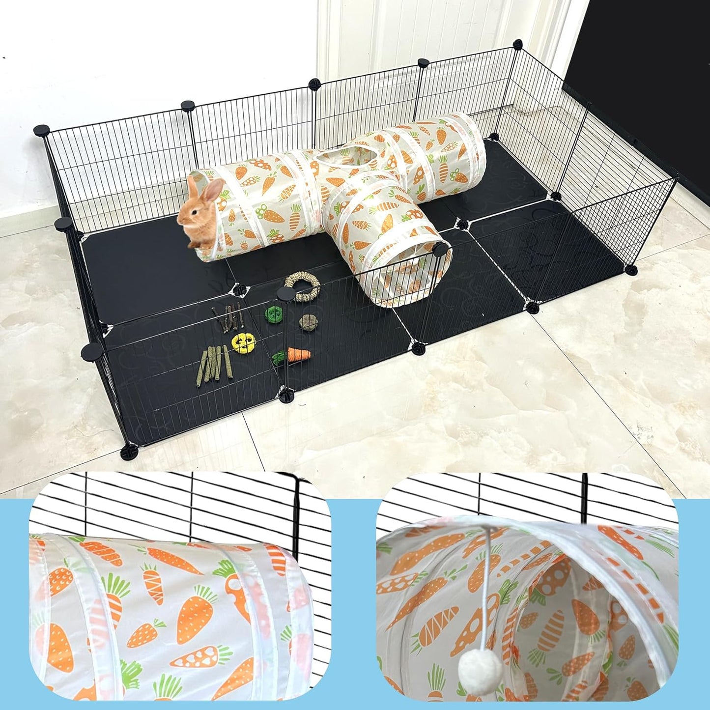 LUCKITTY Rabbit Tunnel Toy, Collapsible 3-Way Hideout Tunnel with Chew Toys for Rabbits, Guinea Pigs, Ferrets, Kittens & Small Pets - Orange & White Carrot Design (33"x20"x9.5")