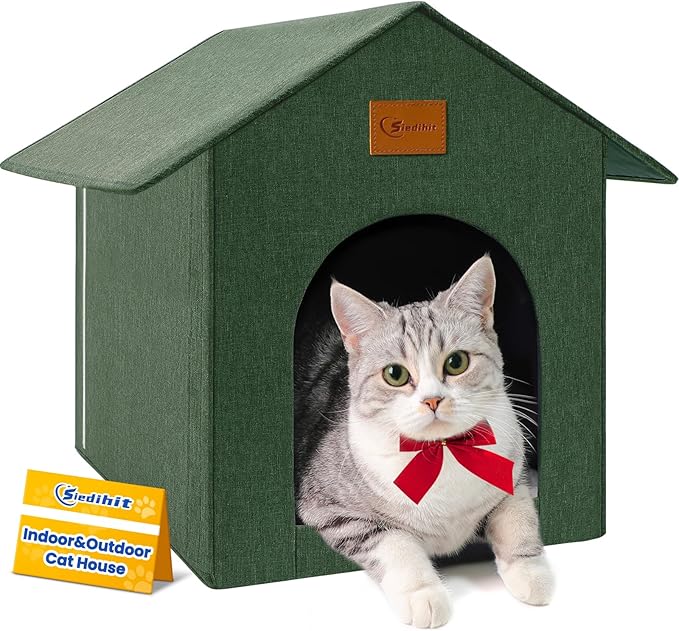Outdoor Cat House Feral Cat Shelter,Outside Waterproof Cat House for Outdoor/Indoor Cats, Insulated Cat Bed for All Seasons with Cozy Cushion Easy to Assemble Olive Green