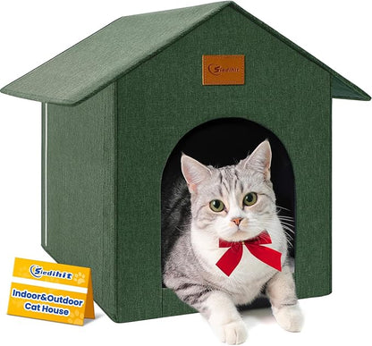 Outdoor Cat House Feral Cat Shelter,Outside Waterproof Cat House for Outdoor/Indoor Cats, Insulated Cat Bed for All Seasons with Cozy Cushion Easy to Assemble Olive Green