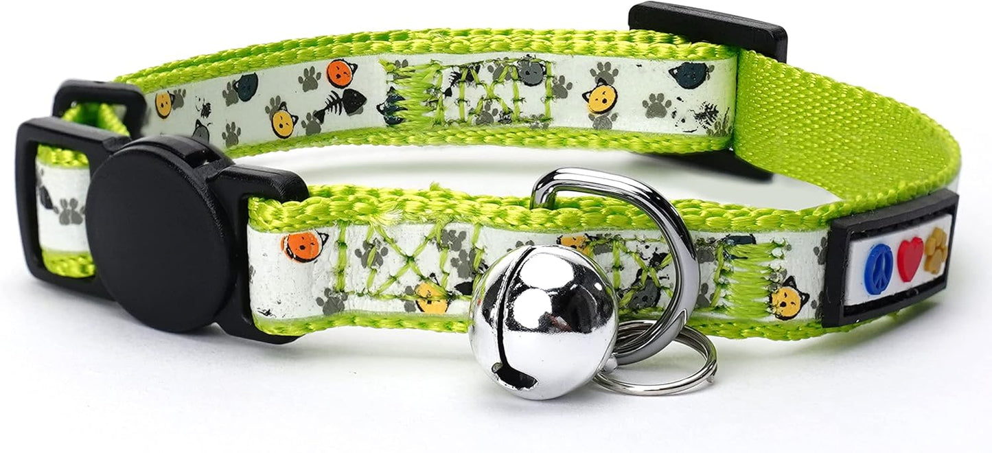 Pawtitas Pet Glow In The Dark Cat Collar with Safety Buckle and Bell Green Hook