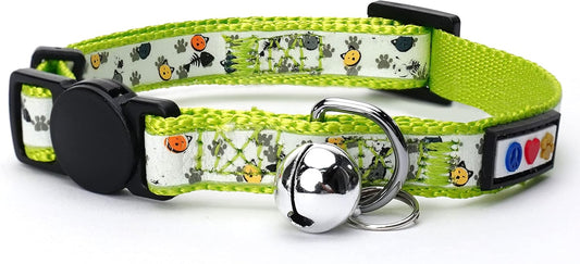 Pawtitas Pet Glow In The Dark Cat Collar with Safety Buckle and Bell Green Hook