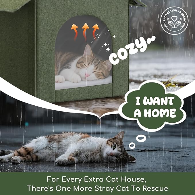 Outdoor Cat House Weatherproof, Insulated Cat Houses for Outdoor/Indoor Cats for Winter, Waterproof Feral Stray Cat Shelter with Warm Cushion and Door Curtain, Easy to Assemble, Olive Green