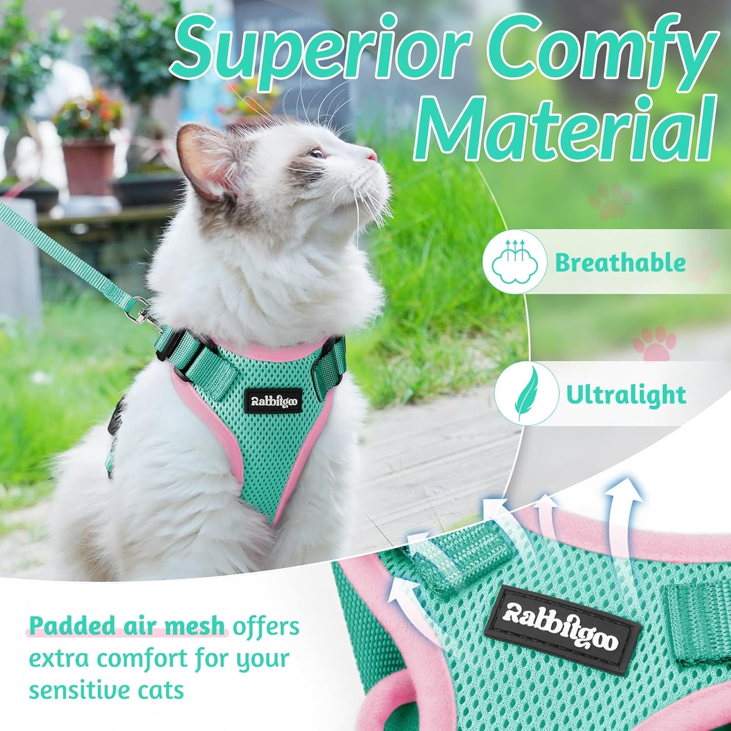 rabbitgoo Cat Harness and Leash for Walking, Escape Proof Soft Adjustable Vest Harnesses for Cats, Easy Control Breathable Reflective Strips Jacket, Pink&Light Green, XXS