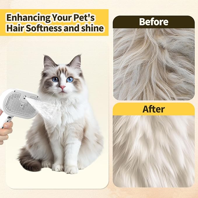 Cat Steam Brush, Pet Steam Brush for Dog & Cat, 3 in 1 Anti-Static Self Cleaning Spray Comb for Cats Dogs Small Animals Long Short Haired