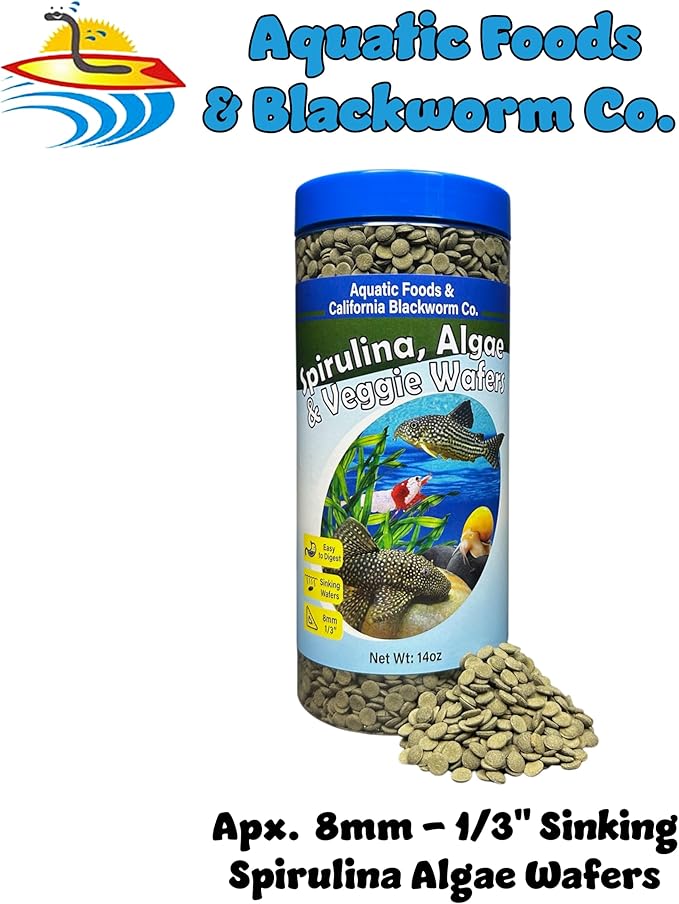 Aquatic Foods Inc. 8mm - 1/3" Small Sinking Wafers of Spirulina, Algae for Bottom Fish, Plecos, Catfish, Shrimp, Snails & Tropicals. 4-Type Wafer & 12-Type Pellet Mix Included 1-lb 4oz Canister