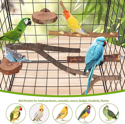 Natural Wood Bird Perches for Cage, Parrot Perch Stand & Platform, Bird Cage Accessories for Parakeets, Cockatiels, Conures, Lovebirds (Brown, Deluxe Playground Set - 12PCS)