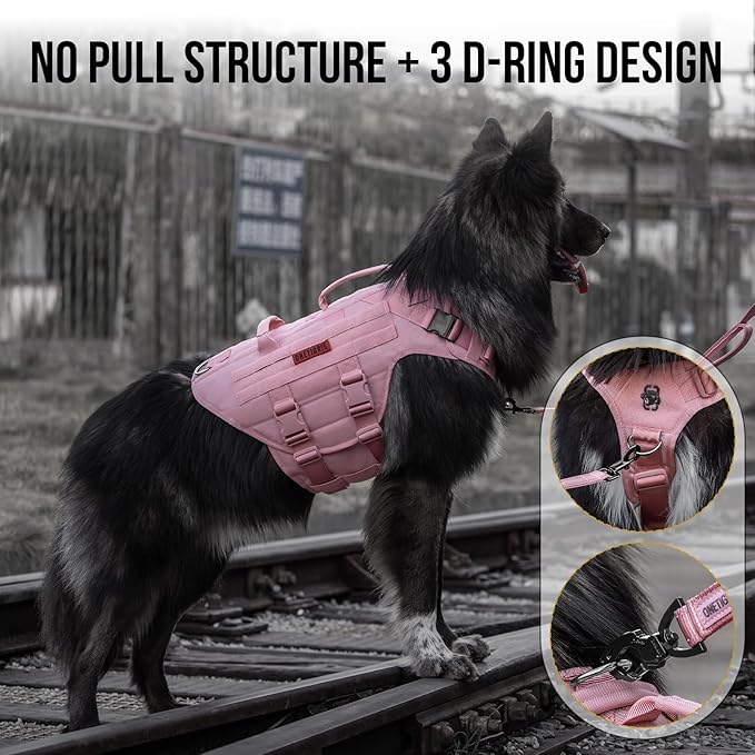 OneTigris Large Tactical Dog Harness, No Pulling Adjustable Dog Vest Harness, Heavy Duty Dog Harness with Handle, Large Hook and Loop Panels for Patch(Pink,L)