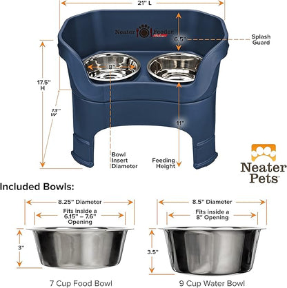 Neater Feeder Deluxe Mess Proof Dog Bowls Elevated for Large Dogs – Made in USA – No Spill Raised Dog Food Bowl Stand w/Leg Extensions – Stainless Steel Food and Water Bowl Set – Dark Blue