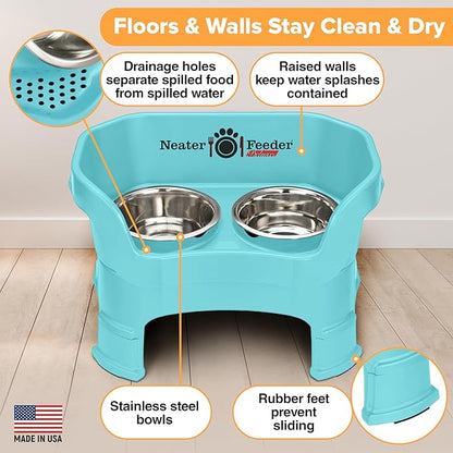 Neater Feeder Deluxe Mess Proof Dog Bowls Elevated Medium Sized Dogs (19-40 lbs) Made in USA, No Spill Raised Dog Food Bowl Stand w/Leg Extension, Stainless Steel Food and Water Bowl Set, Aquamarine