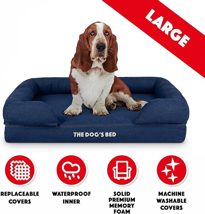 The Dog’s Bed, Large Blue Denim, Memory Foam, Pain Relief: Arthritis, Hip & Elbow Dysplasia, Post Surgery, Lameness, Supportive, Calming, Waterproof Washable Cover