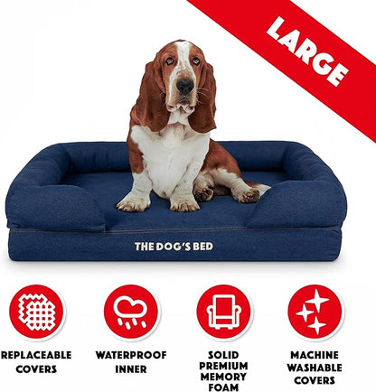 The Dog’s Bed, Large Blue Denim, Memory Foam, Pain Relief: Arthritis, Hip & Elbow Dysplasia, Post Surgery, Lameness, Supportive, Calming, Waterproof Washable Cover