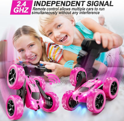 RC Cars, Rose Remote Control Car for Girls, 2.4 GHZ Double Sided RC Stunt Car 360° Rotating Remote Control Crawler with Headlights Car Toys for 6 7 8 9 10 11 12 Girls Birthday Gift