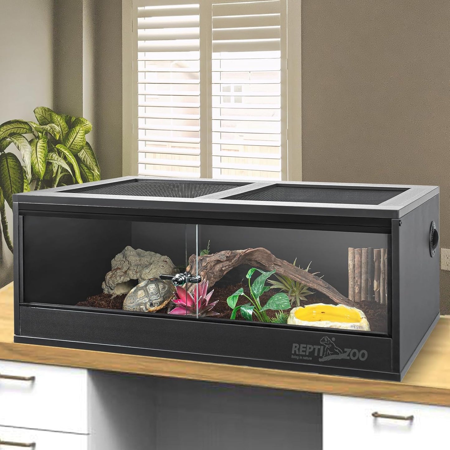 REPTI ZOO 35 Gallon PVC Reptile Tank, 36x18x12 Reptile Terrarium for Crested Gecko Leopard Gecko Frog Lizard Snake Turtle Hermit Crab, Reptile Enclosure with Sliding Door & Screen Ventilation, Black