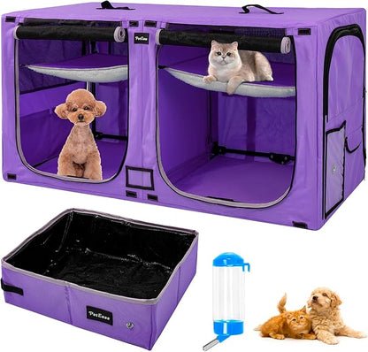 Huge Sapce Double Compartment Cat Travel Carrier with Litter Box & Homack | Cat Show Kennel Cage Crate with Mat & Water Bottle
