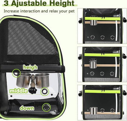 Pecute Bird Carrier Backpack, Parrots Bird Backpack with Visible Window, Adjustable Height Standing Perch, Feeding Cans, Waterproof Pads, Lightweight Foldable Birds Travel Cage for Hiking Camping