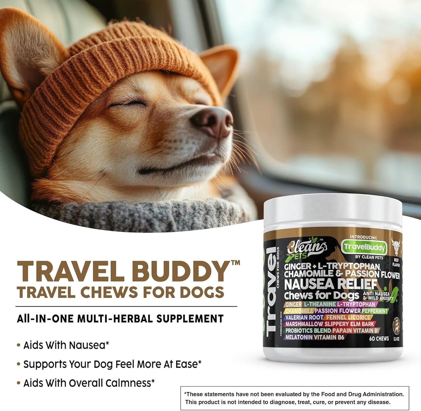 Travel Chews Nausea Relief for Dogs | Ginger L-Tryptophan Chamomile Passion Flower L-Theanine Peppermint Valerian Root Fennel Licorice Root Marshmallow Root Slippery Elm Melatonin Chew