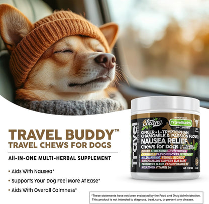 Travel Chews Nausea Relief for Dogs | Ginger L-Tryptophan Chamomile Passion Flower L-Theanine Peppermint Valerian Root Fennel Licorice Root Marshmallow Root Slippery Elm Melatonin Chew