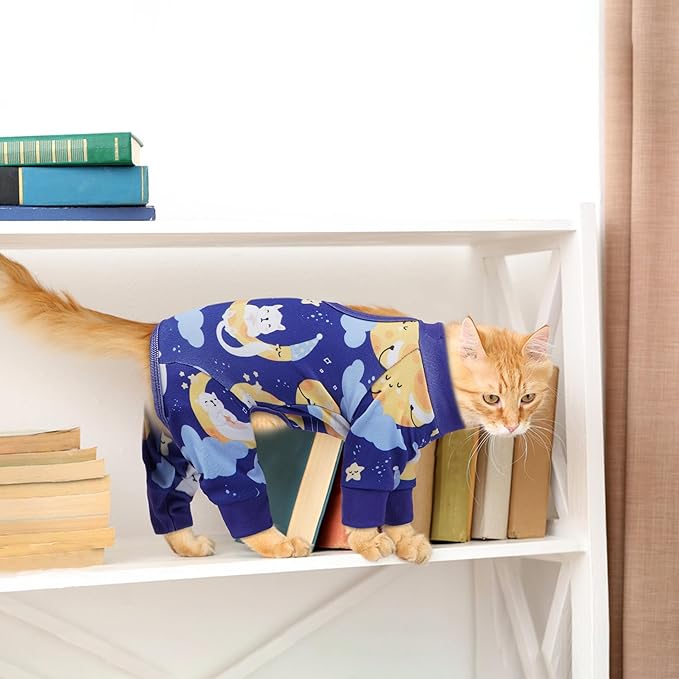 PUMYPOREITY Cat Hair Sticky Sweater, Stretchy 4-Leg Design for Fur Control, Recovery Suit - Breathable & Lightweight for Post-Surgery Protection, Cat Onsie Prevents Licking Wounds, Blue, 2XL