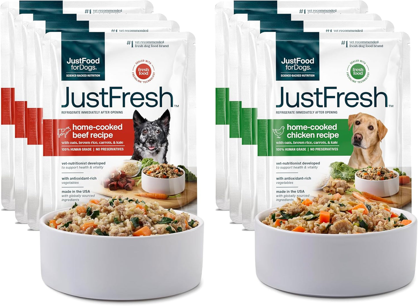JustFoodForDogs JustFresh Wet Dog Food, Fresh Pet Meals and Toppers with No Preservatives, Resealable Package, Human Grade, Home-Cooked Beef and Chicken Variety, 12 oz - 8 Pack