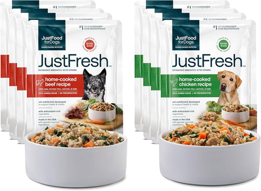 JustFoodForDogs JustFresh Wet Dog Food, Fresh Pet Meals and Toppers with No Preservatives, Resealable Package, Human Grade, Home-Cooked Beef and Chicken Variety, 12 oz - 8 Pack