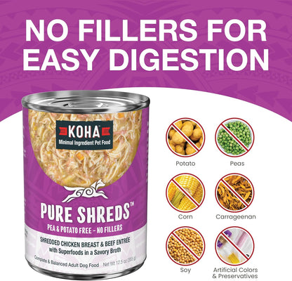 KOHA Pure Shreds Chicken and Beef Entrée for Dogs, 12.5oz Cans (Pack of 12)