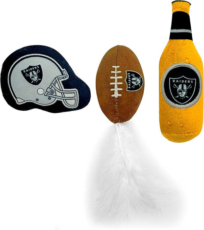 BEST PLUSH CAT TOY - NFL LAS VEGAS RAIDERS Complete Set of 3 piece Cat Toys filled with Fresh Catnip. Includes: 1 Helmet Cat Toy, 1 Football Cat Toy with Feathers & 1 Beer Bottle. Beautiful Team LOGOS