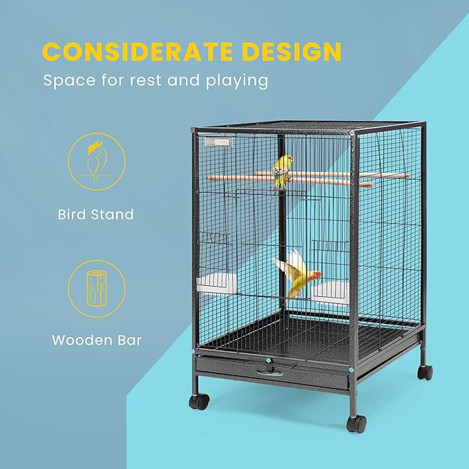 VIVOHOME 30 Inch Height Wrought Iron Bird Cage with Rolling Stand for Conures Lovebirds Cockatiels Finches, Black