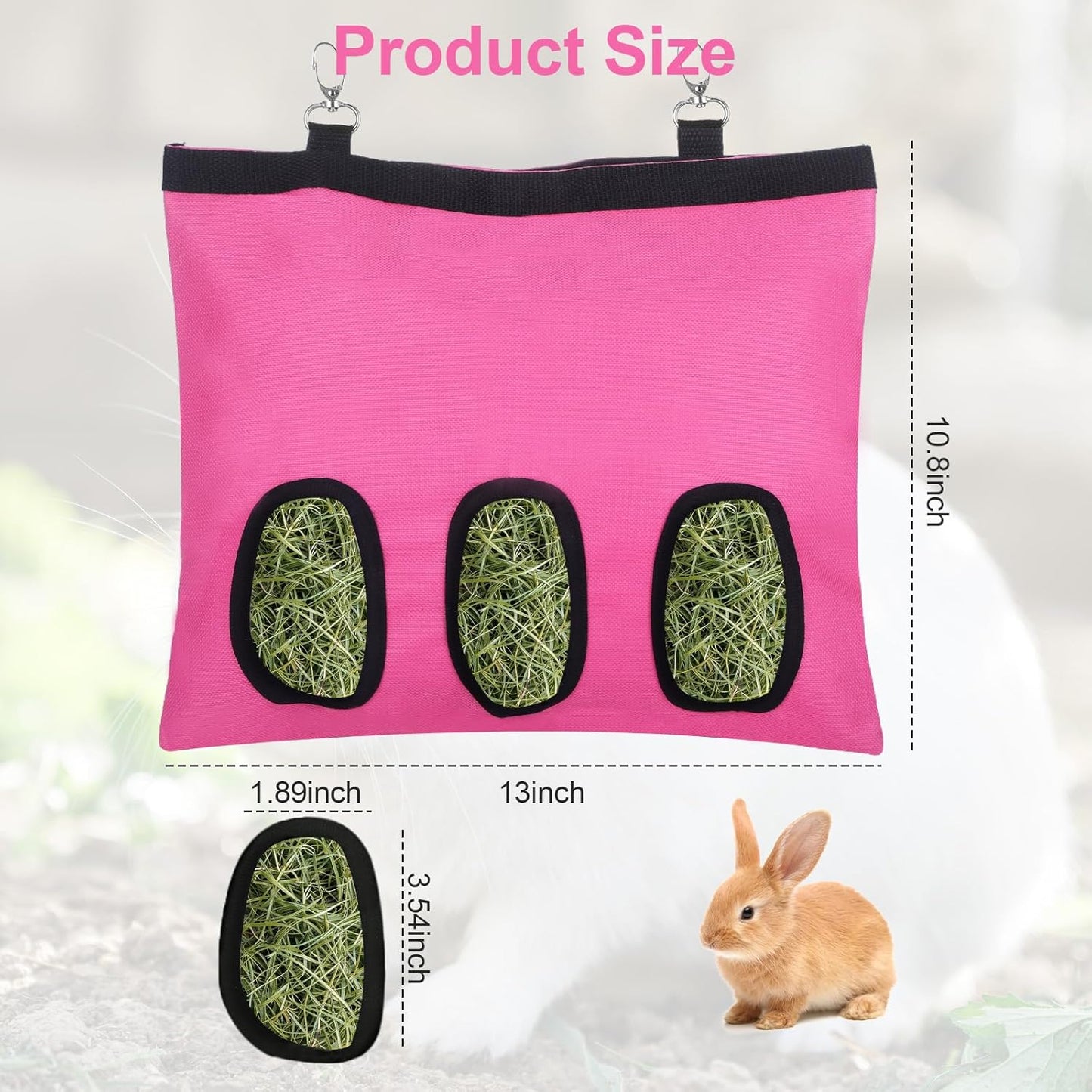 2 Pcs Rabbit Hay Feeder,Guinea Pig Hay Feeder,13×10.8 Inch Guinea Pig Bag,Small Animal Feeding Bag for Rabbits, Hamsters, Hedgehogs(3 Holes,Pink)
