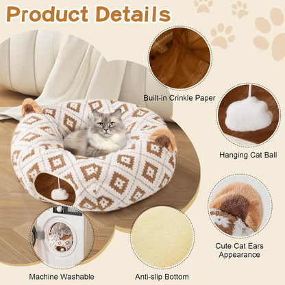 Cat Tunnel Bed for Indoor Cats, Cat Donut Tunnel with Washable Cushion, Peekaboo Cat Cave Toy, Multifunctional Playground Toys for Kittens, Rabbit, Brown Jacquard Pattern