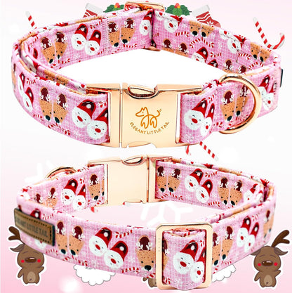 Elegant little tail Christmas Dog Collar, Pink Deer Print Pet Collar Dog Durable Cute Dog Collars Winter Holiday Male or Female Pet Gift Adjustable Dog Collar for X-Large Dogs