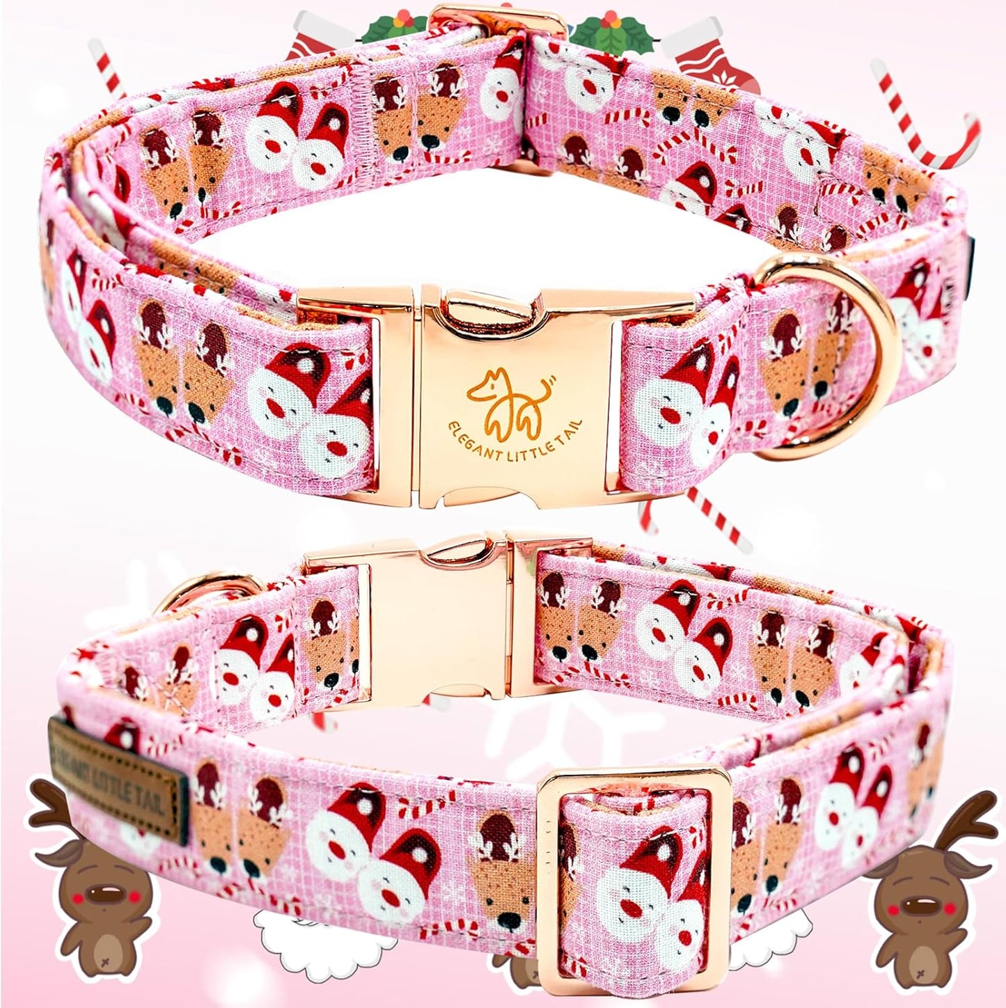 Elegant little tail Christmas Dog Collar, Pink Deer Print Pet Collar Dog Durable Cute Dog Collars Winter Holiday Male or Female Pet Gift Adjustable Dog Collar for Small Puppy