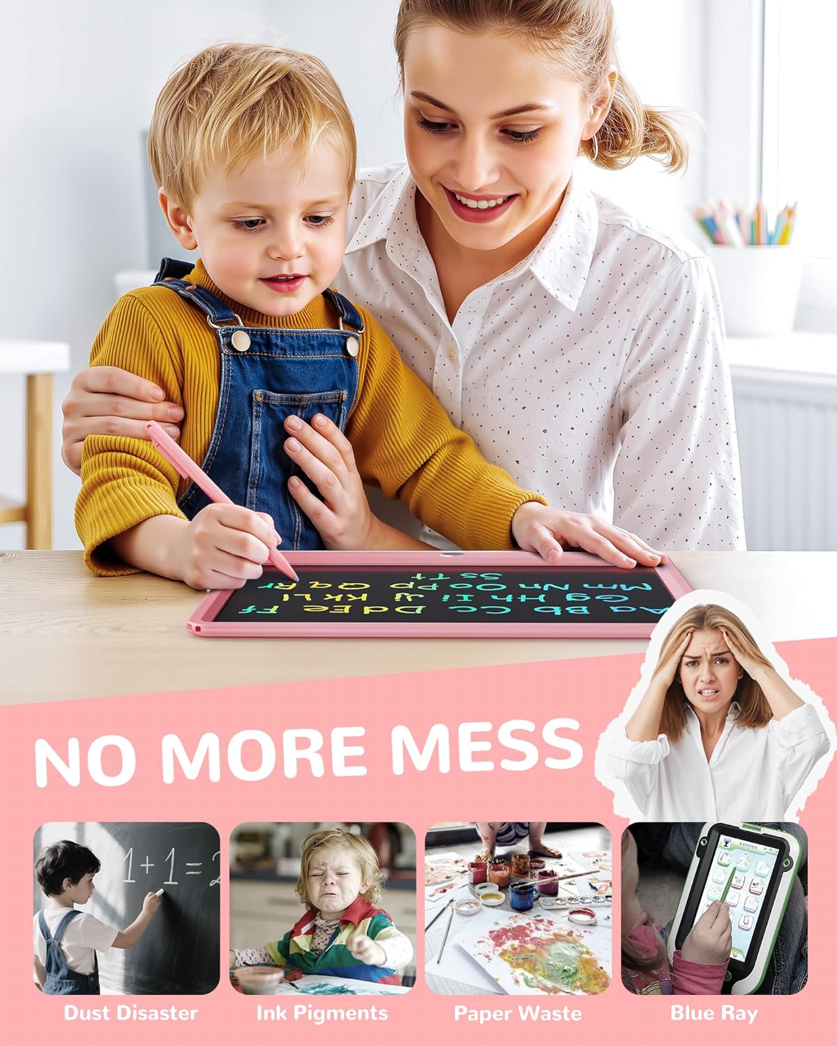 KOKODI LCD Writing Tablet, 12 Inch Colorful Toddler Doodle Board Drawing Tablet, Erasable Reusable Electronic Drawing Pads, Educational and Learning Toy for 3-6 Years Old Boy and Girls(Pink)