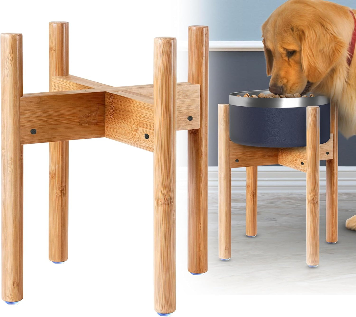 Dog Bowl Stand for Large Dogs - Use to Elevate, Raise Dog Food and Water, Deter Ants/Bugs - Expandable Sideways, Fits Various Sizes of Slow Feeders, Dishes and Drink Fountains - Bamboo