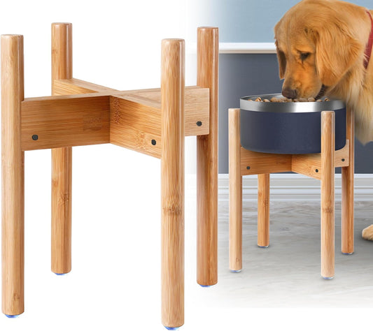 Dog Bowl Stand for Large Dogs - Use to Elevate, Raise Dog Food and Water, Deter Ants/Bugs - Expandable Sideways, Fits Various Sizes of Slow Feeders, Dishes and Drink Fountains - Bamboo