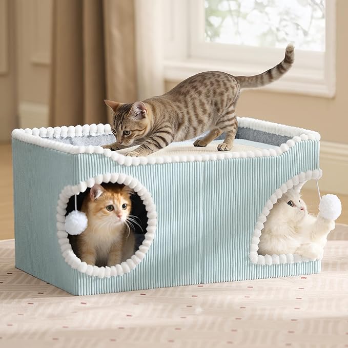 Bedsure Cute Cat House for Indoor Cats - Extra Wide Cat Scratch House with Large Top Sisal Scratch Pad for Multiple Cats, Foldable Kitty Cave Hideaway for Entertainment, 23.6x15.9x12.6inches, Blue