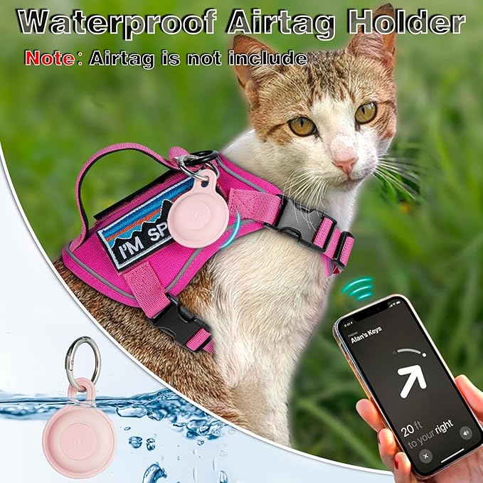 Tactical Cat Harness for Walking, Adjustable Escape Proof Pet Vest for Large Cat,Easy Control Breathable Cat Vest with Handle，Molle Patches (Pink+Leash, L)