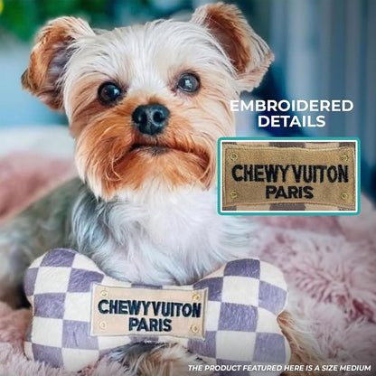 Haute Diggity Dog Checker Chewy Vuiton Bone, Plush Designer Dog Toys with Interactive Squeaker, Stimulating Pet Enrichment, Machine-Washable & Safe Materials for All Breeds, Size Small