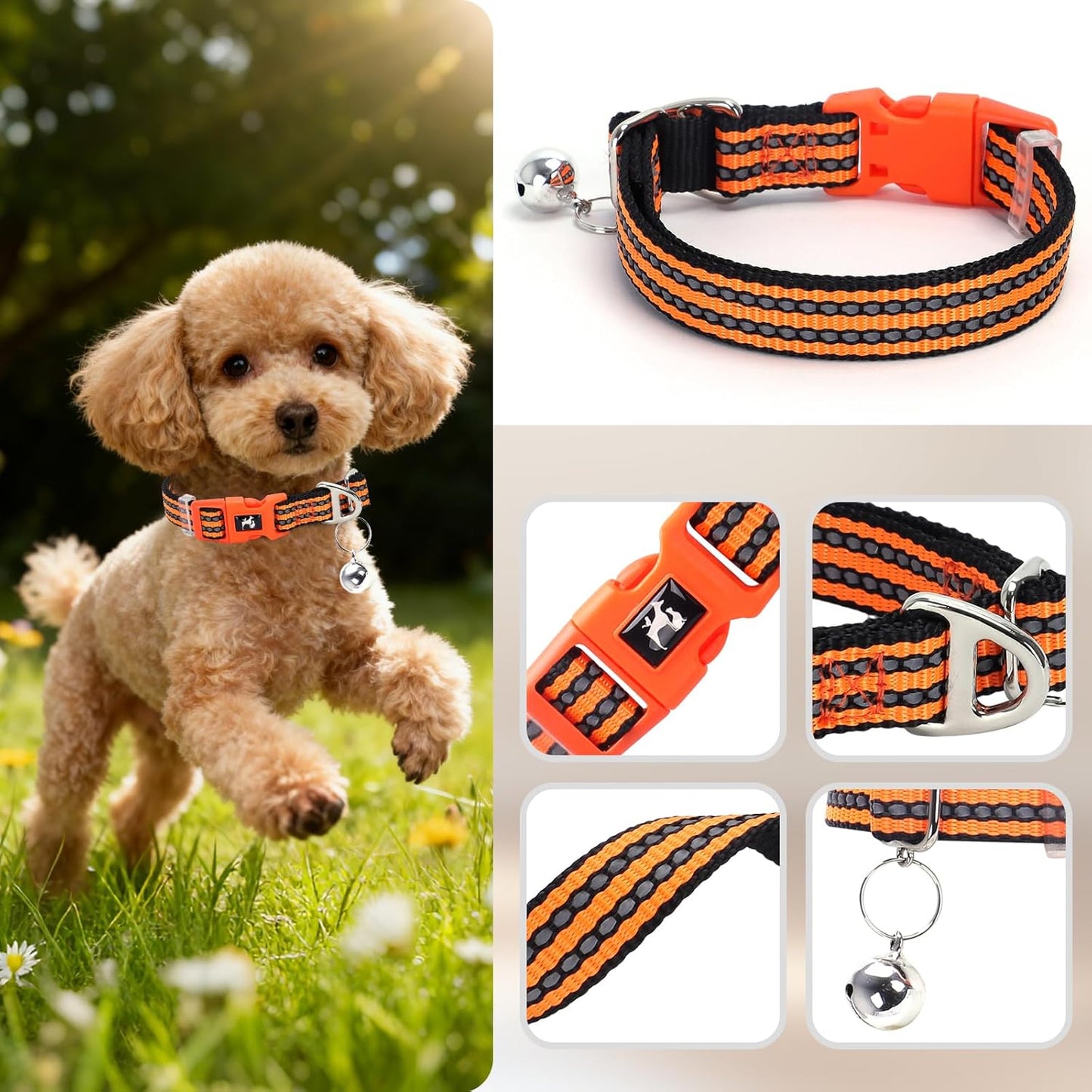 Small Dog Collar with Bell - Cute Reflective Puppy Collar Gift for Boy/Girl, Adjustable Nylon Collar for Chihuahua Pomeranian Nighttime Safety （Orange S）