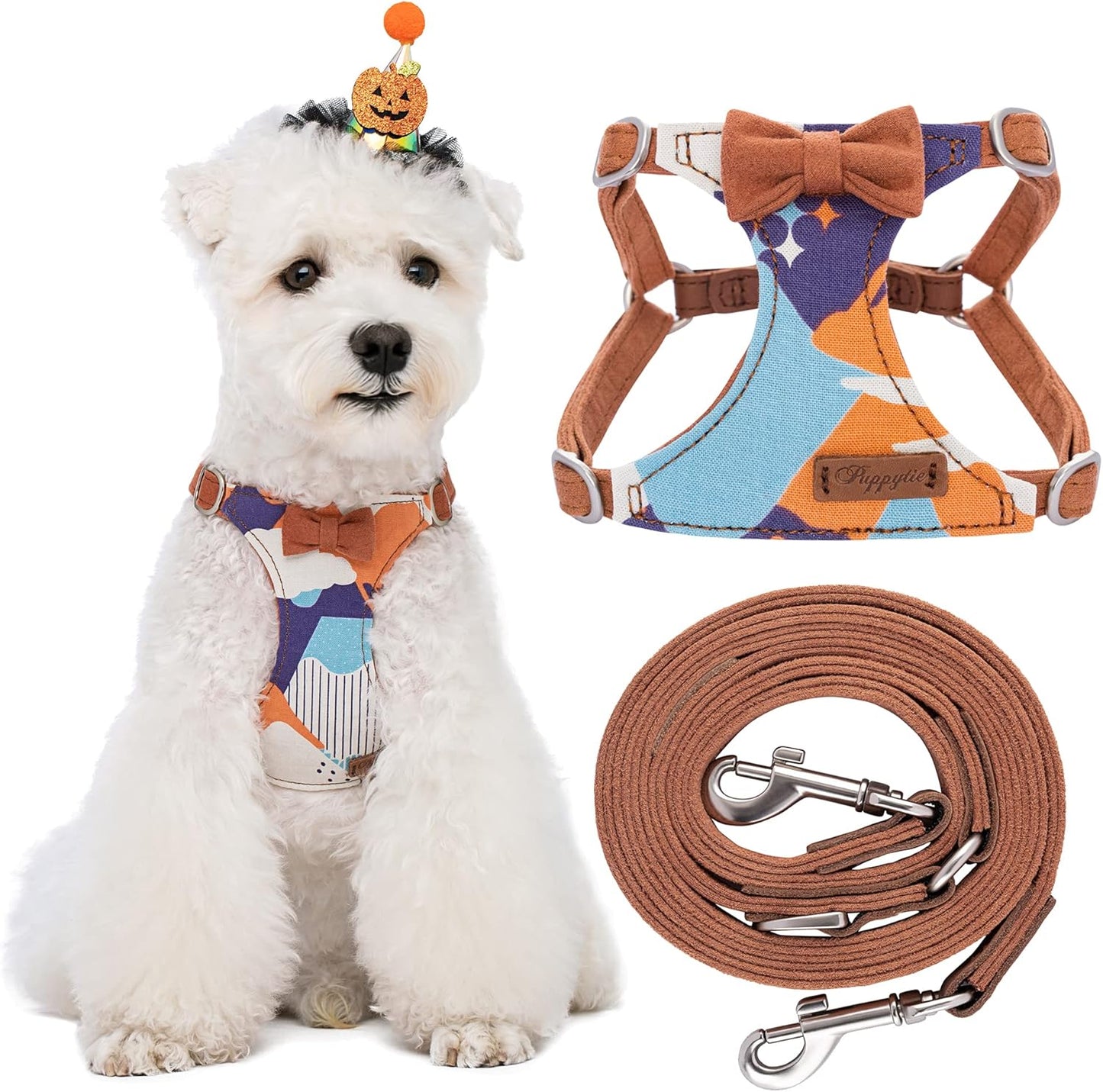 Puppytie No Pull Dog Harness with Multifunction Dog Leash,Soft Adjustable No Choke Escape Proof Pet Harness Vest for Medium Dogs,Suede Bow Brown,M