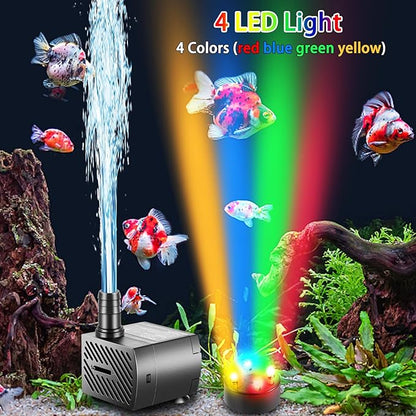 Submersible Pump, Small Fountain Pump with Tubing, Submersible Water Pump for Aquarium Fish Tank Indoor or Outdoor Pond Fountain Hydroponics Statuary (5W 95GPH, With Led Light)