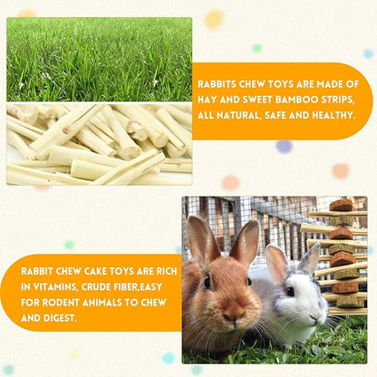 kathson 4 Pcs Bunny Chew Toys for Teeth,Rabbit Hanging Chew Toy Grinding Natural Sweet Bamboo Sticks with Timothy Hay Grass and Carrot Cake for Improve Rodent Small Animals Dental Health