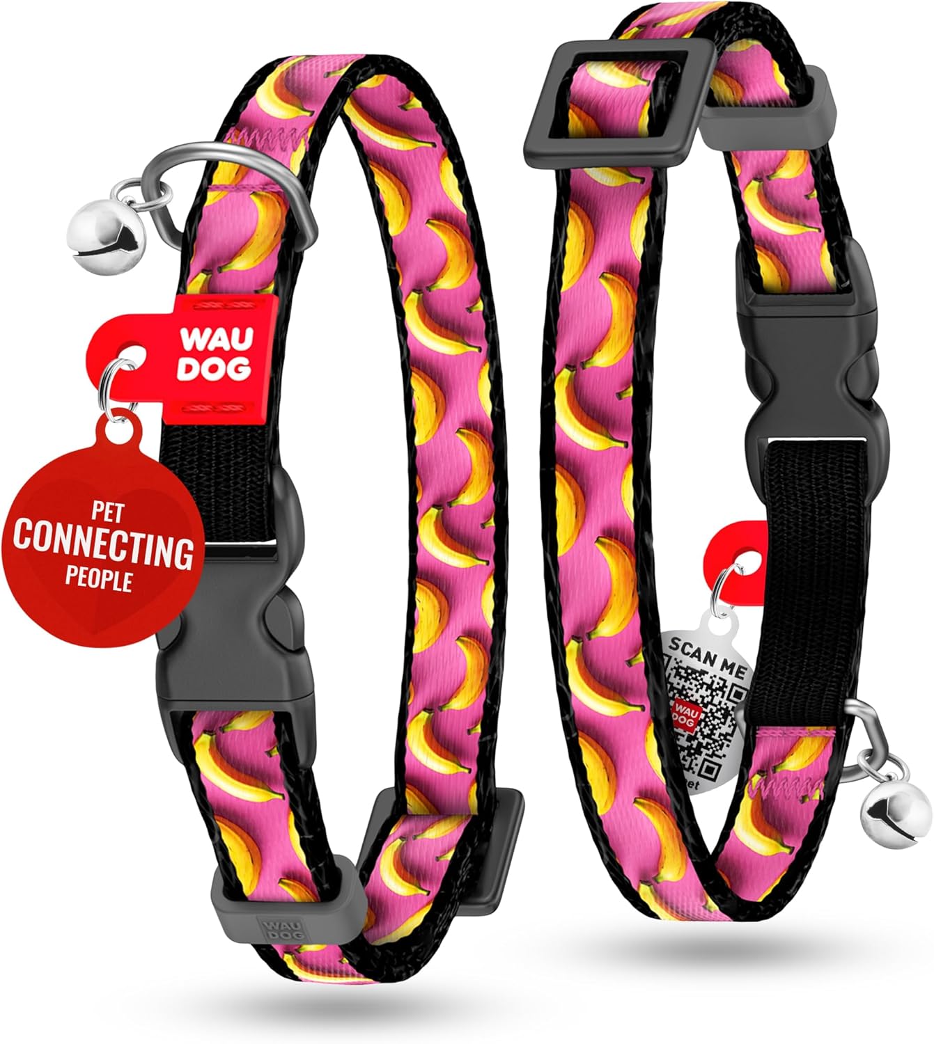 WAUDOG Nylon Cat Collar with Removable Bell and QR ID Tag for Small, Medium and Large Breeds Adjustable Long Lasting Durable Kitten Collars Boy & Girl