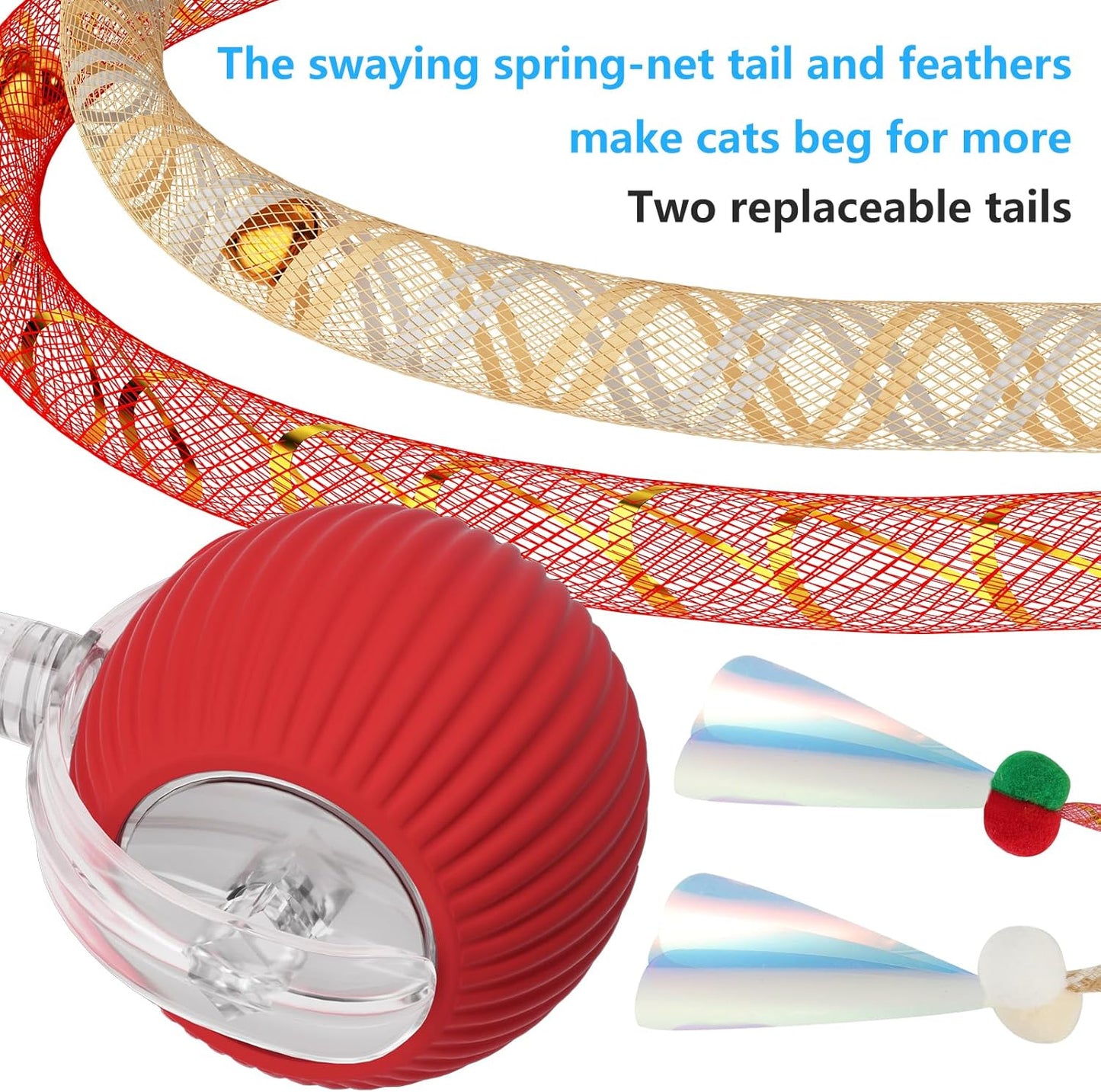 Interactive Cat Toys for Indoor Cats, 2025 New Generation Interactive Cat Ball Toy with Elastic Mesh Tail, Automatic Cat/Kitten Toys with Chirping & Motion Activate, Cat Toys for Bored Indoor(Red)